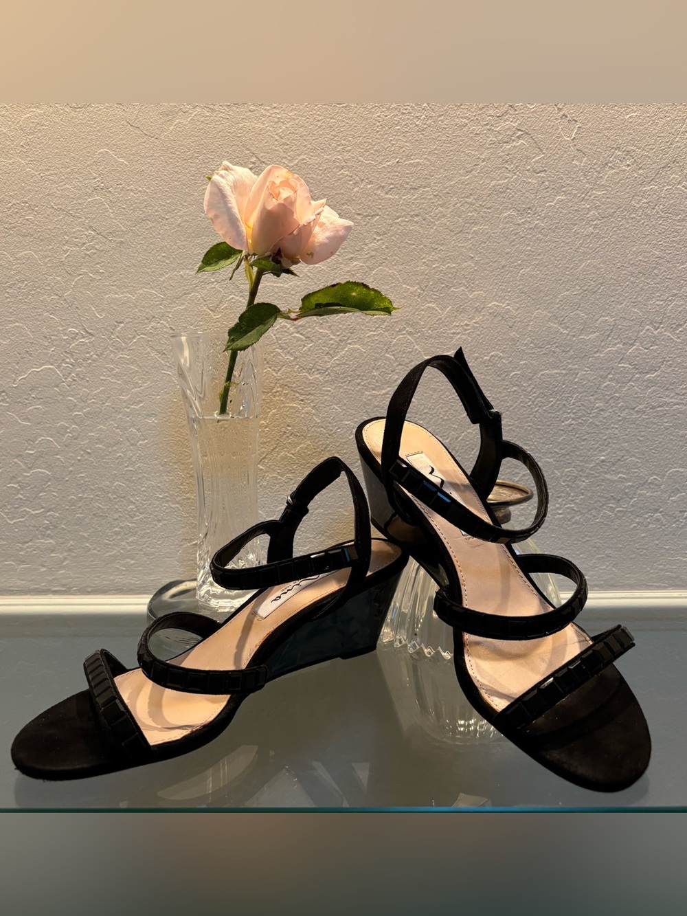 Nina Black Strappy Wedge Sandals